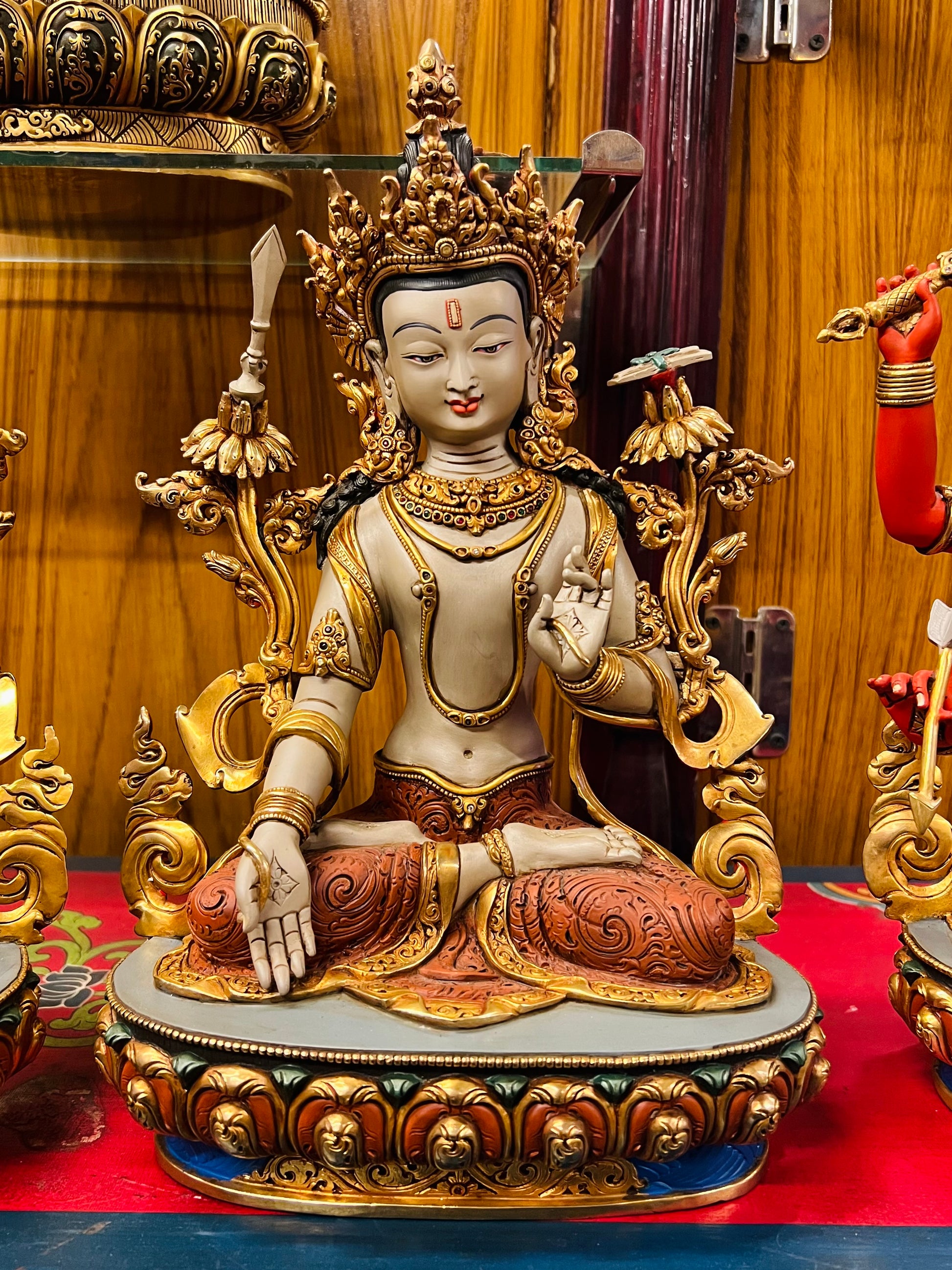 Manjushri Five Deities Set Buddha Statues 34cm / 13.4" Hand-Carved Copper Painted with Gilded Accents – Shakya Clan Masterwork Nepal | Bo Tree Arts