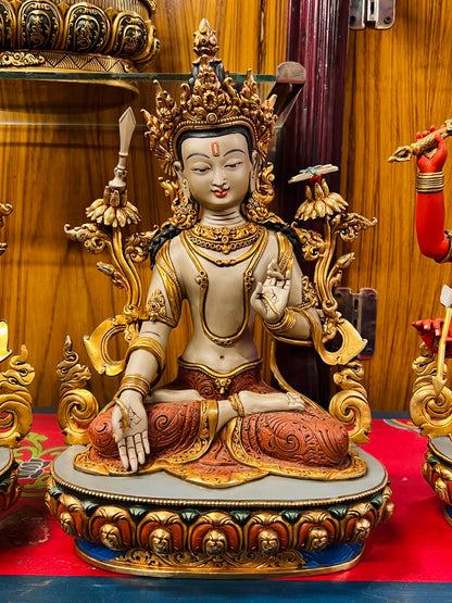 Manjushri Five Deities Set Buddha Statues 34cm / 13.4" Hand-Carved Copper Painted with Gilded Accents – Shakya Clan Masterwork Nepal