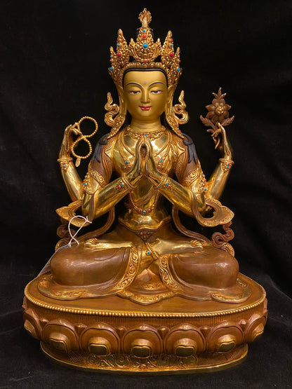 Four-Armed Avalokiteshvara (Chenrezig) Statue 45cm / 17.7" Hand-Carved Pure Copper Partially Gilded – Himalayan Art Nepal