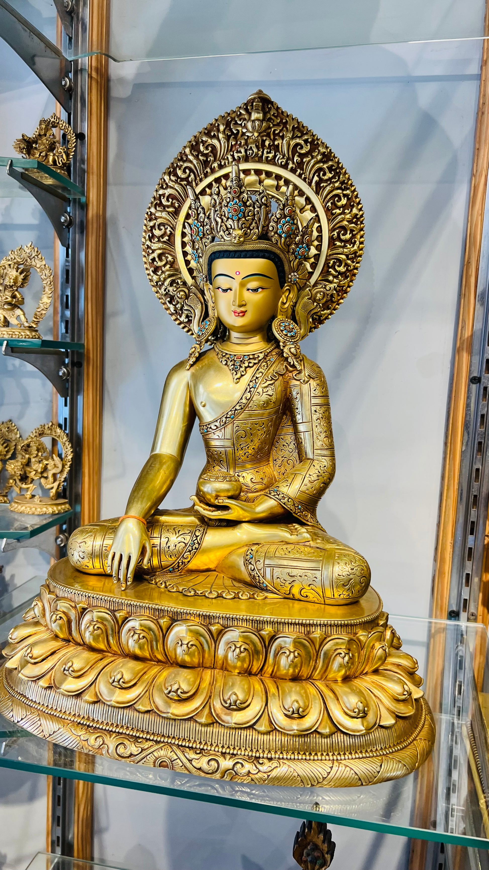 Shakyamuni Buddha Statue 40cm / 15.7" Hand-Carved Copper Gilded with Mandorla – Historical Buddha Botree Arts Himalayan Art | Bo Tree Arts