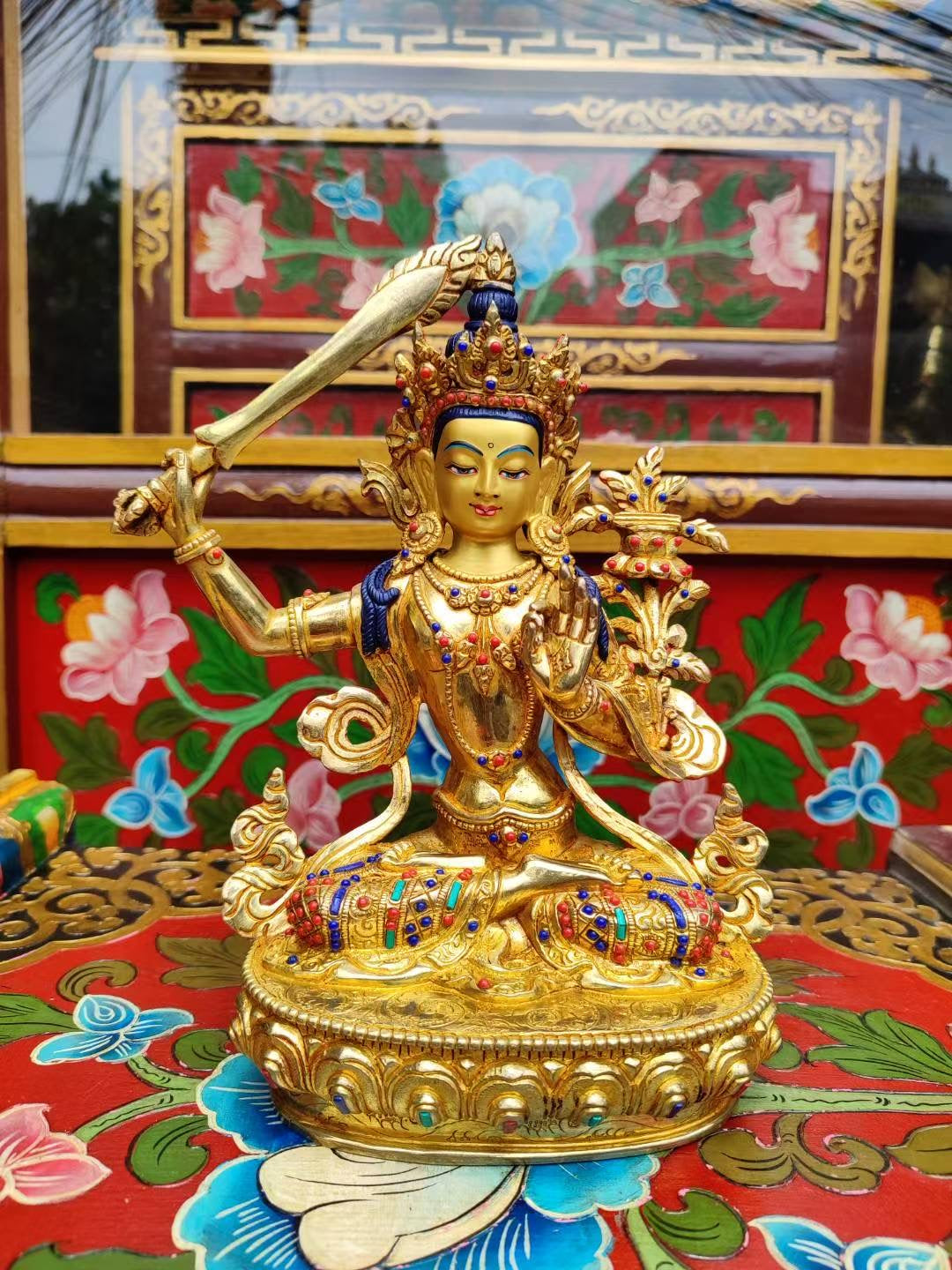 Manjushri (Bodhisattva of Wisdom) Buddha Statue 23cm / 9" Hand-Carved Copper Gilded – Himalayan Art Nepal | Bo Tree Arts