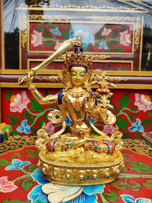 Manjushri (Bodhisattva of Wisdom) Buddha Statue 23cm / 9" Hand-Carved Copper Gilded – Himalayan Art Nepal | Bo Tree Arts