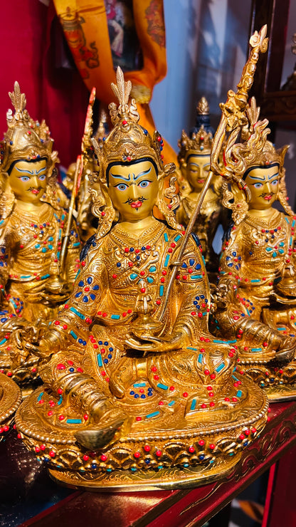 23cm Guru Rinpoche Padmasambhava Pure Hand-Carved Copper Statue – Gold-Plated with Inlaid Gemstones, Tibetan Style Masterwork Himalayan Art Nepal