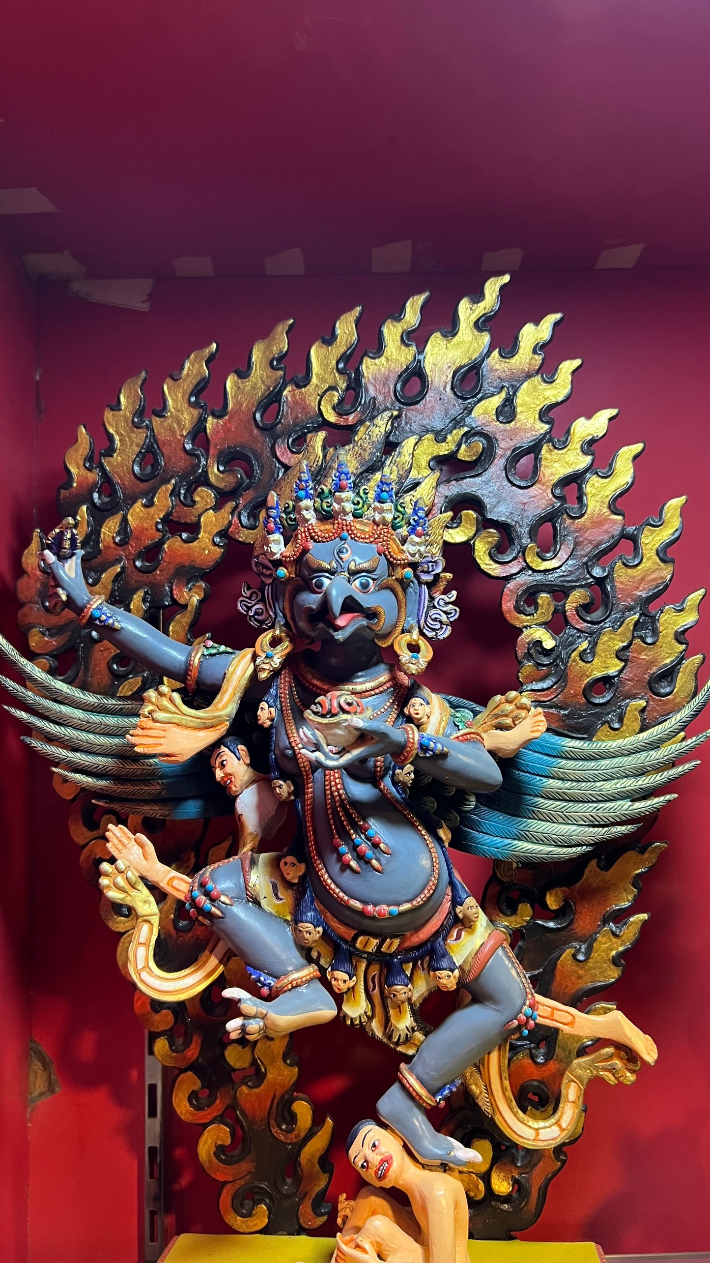 33cm Garuda Statue Hand-Carved Copper Painted with Flaming Mandorla – Blue-Black Body with Red & Yellow Flames, Tibetan Style Dharmapala Masterwork Nepal – Handmade Tibetan Buddhist Statue, Lost-Wax Cast Himalayan Art from Nepal