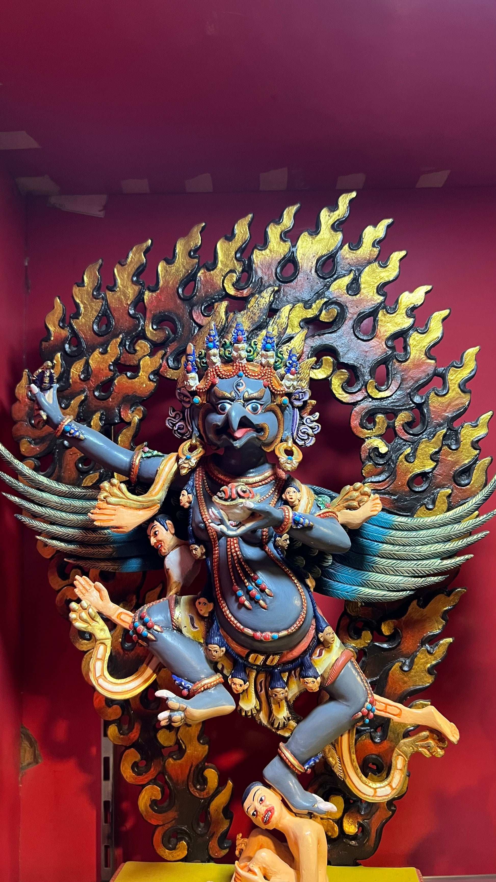 33cm Garuda Statue Hand-Carved Copper Painted with Flaming Mandorla – Blue-Black Body with Red & Yellow Flames, Tibetan Style Dharmapala Masterwork Nepal | Bo Tree Arts