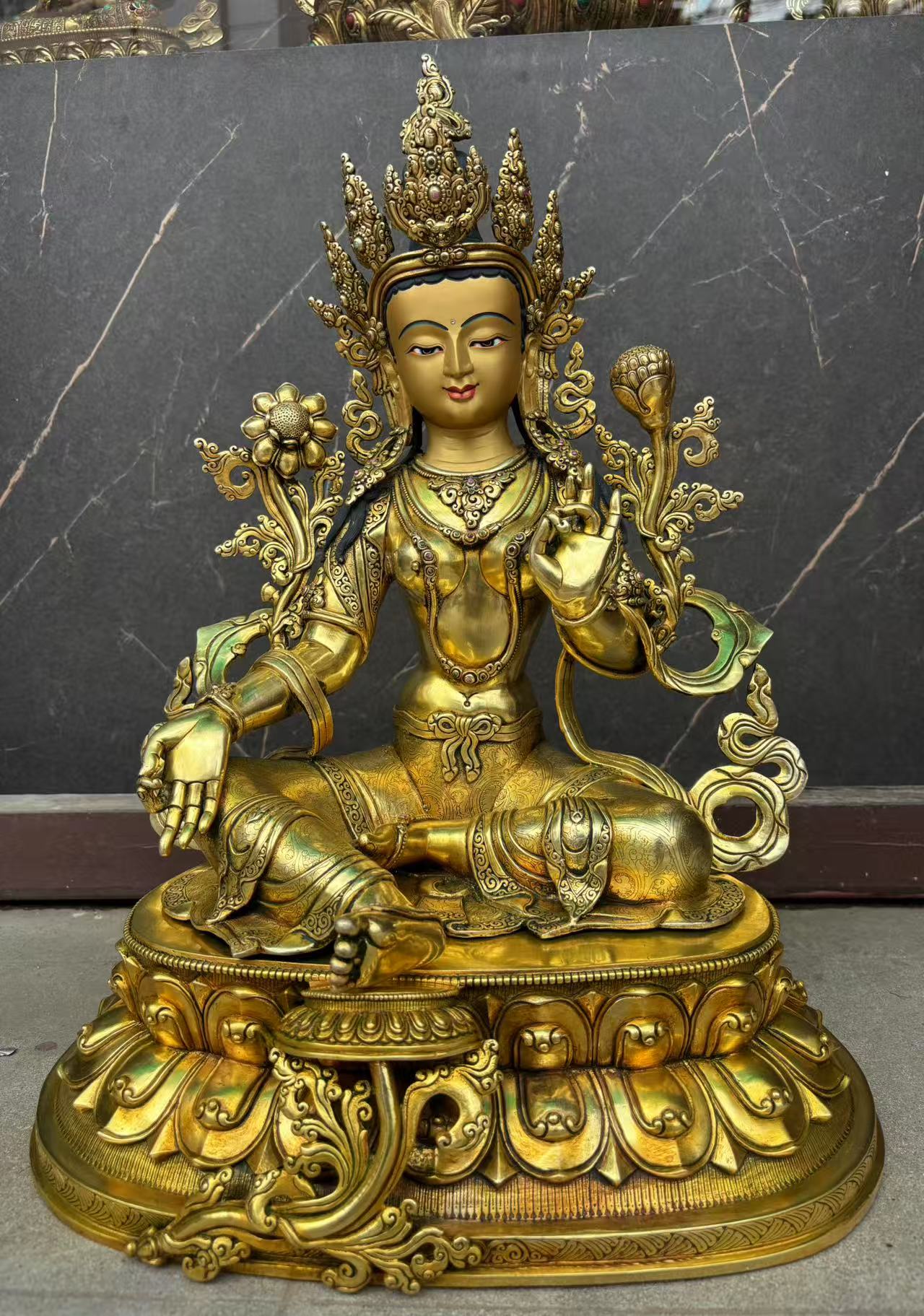 Green Tara (Mother of Liberation) Buddha Statue 49cm / 19.3" Hand-Carved Copper Gilded – Ancient Himalayan Art Nepal | Bo Tree Arts