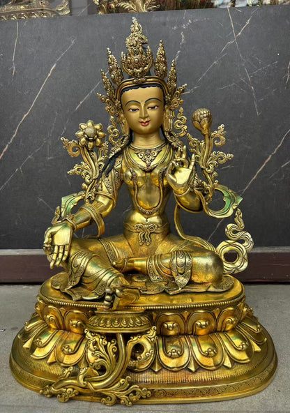 Green Tara (Mother of Liberation) Buddha Statue 49cm / 19.3" Hand-Carved Copper Gilded – Ancient Himalayan Art Nepal