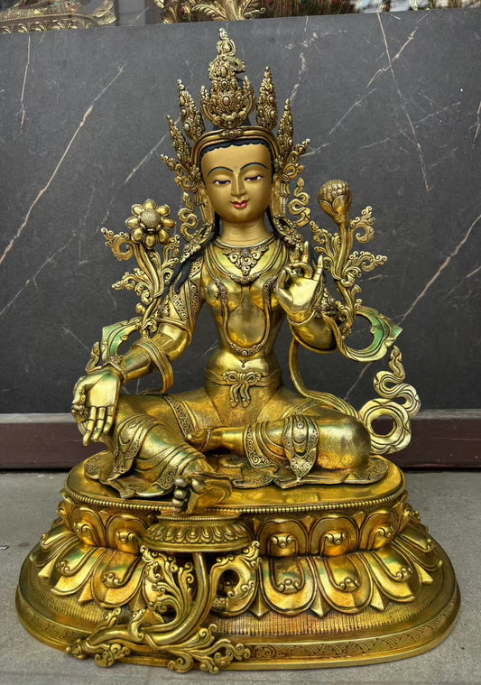 Green Tara (Mother of Liberation) Buddha Statue 49cm / 19.3" Hand-Carved Copper Gilded – Ancient Himalayan Art Nepal | Bo Tree Arts