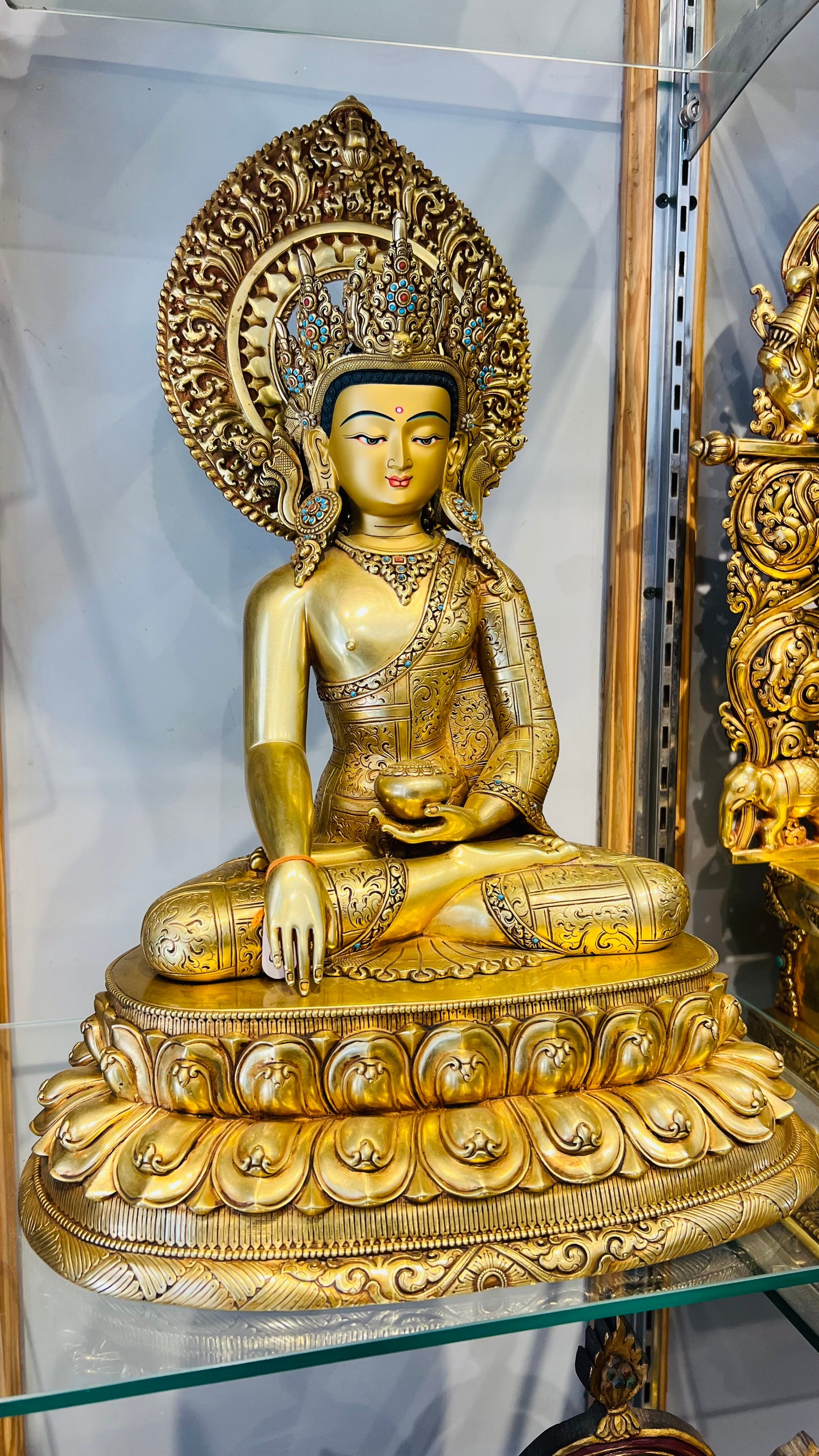 Shakyamuni Buddha Statue 40cm / 15.7" Hand-Carved Copper Gilded with Mandorla – Historical Buddha Botree Arts Himalayan Art – Handmade Tibetan Buddhist Statue, Lost-Wax Cast Himalayan Art from Nepal