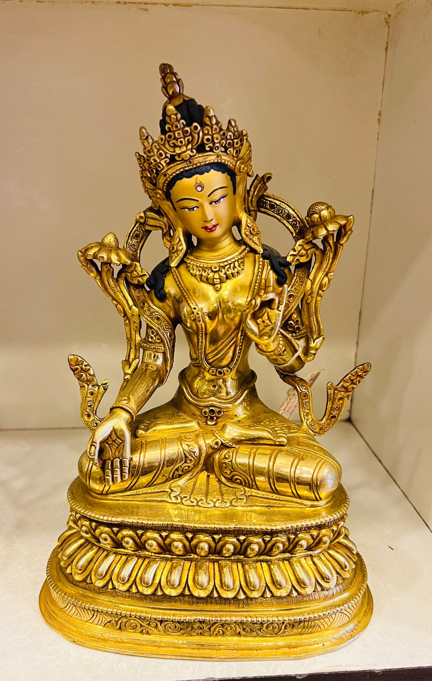 White Tara Buddha Statue 25cm / 9.8" Hand-Carved Copper Gilded with Double Lotus Throne – Mother of Long Life Masterwork Himalayan Art Nepal – Handmade Tibetan Buddhist Statue, Lost-Wax Cast Himalayan Art from Nepal