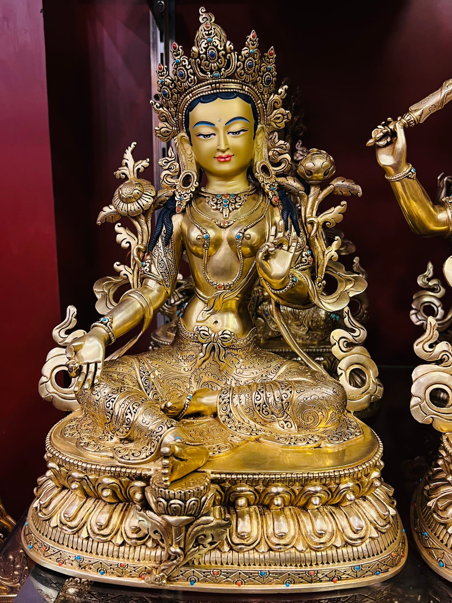 Green Tara Buddha Statue 34cm / 13.4" Hand-Carved Copper Gilded with Gemstone Inlay – Syamatara Traditional Masterwork Nepal – Handmade Tibetan Buddhist Statue, Lost-Wax Cast Himalayan Art from Nepal