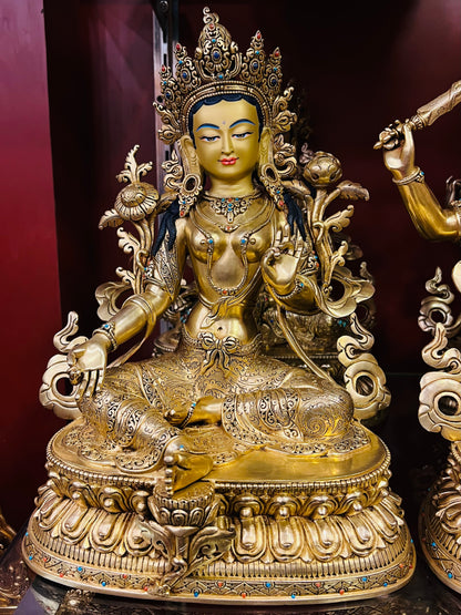 Green Tara Buddha Statue 34cm / 13.4" Hand-Carved Copper Gilded with Gemstone Inlay – Syamatara Traditional Masterwork Nepal