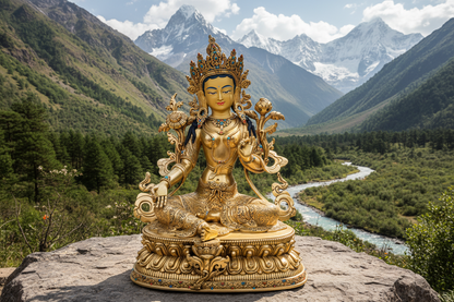 Green Tara Buddha Statue 34cm / 13.4" Hand-Carved Copper Gilded with Gemstone Inlay – Syamatara Traditional Masterwork Nepal