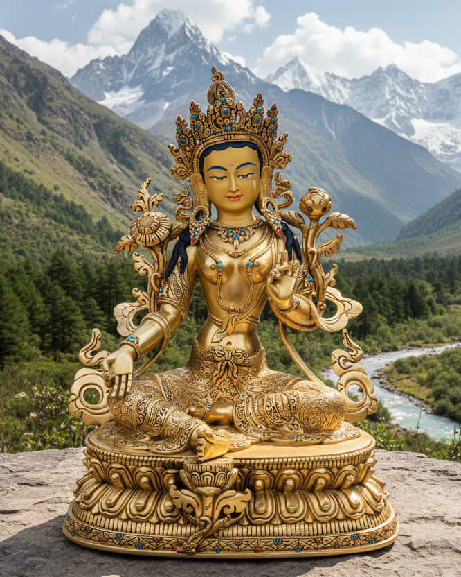 Green Tara Buddha Statue 34cm / 13.4" Hand-Carved Copper Gilded with Gemstone Inlay – Syamatara Traditional Masterwork Nepal | Bo Tree Arts