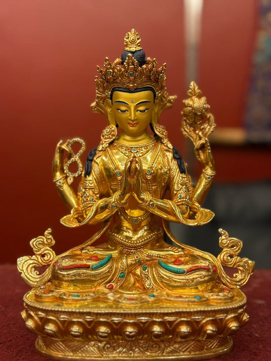 Four-Armed Avalokiteshvara (Chenrezig) Buddha Statue 25cm / 9.8" Hand-Carved Copper Gilded – Himalayan Art Nepal | Bo Tree Arts