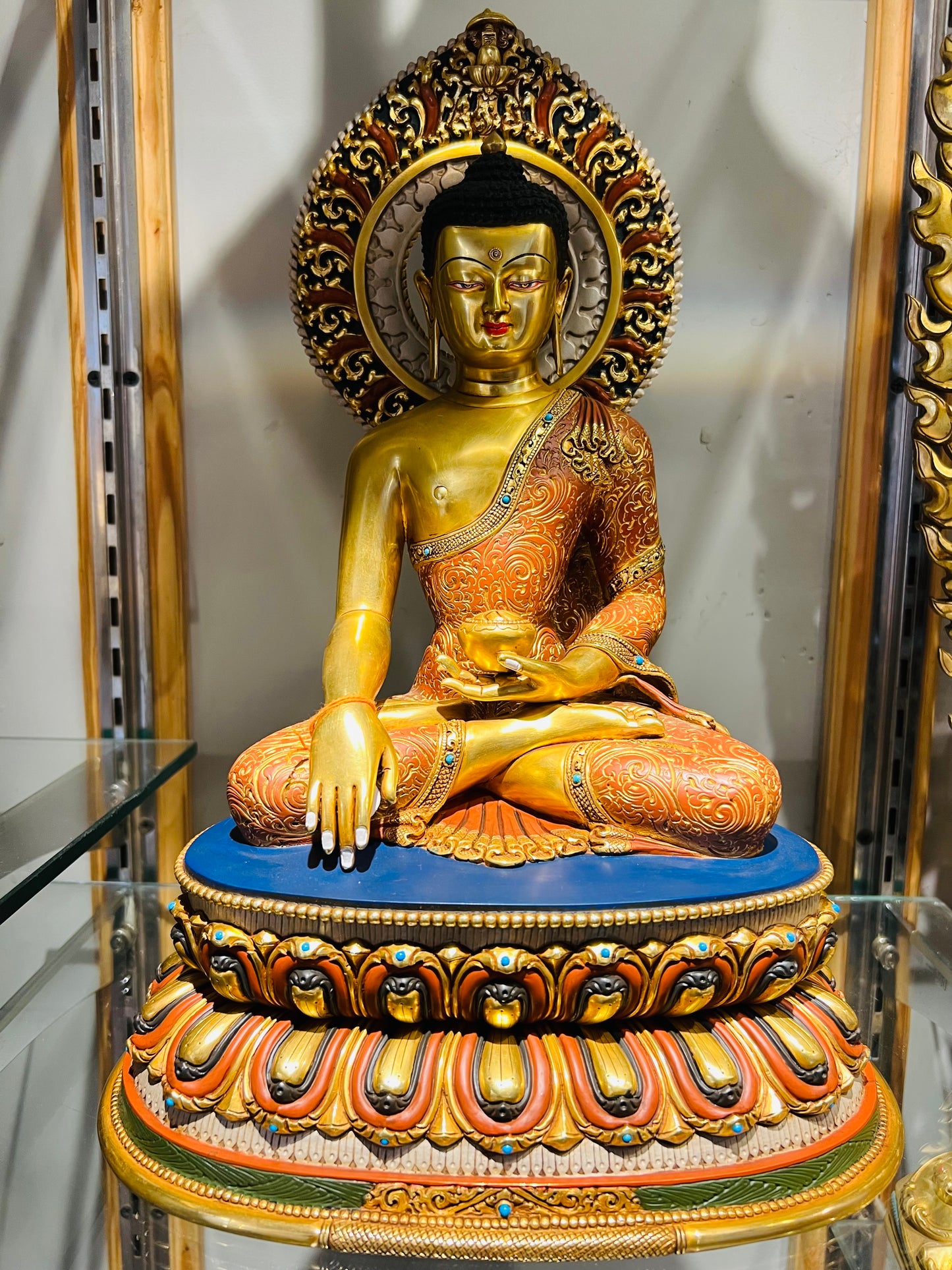 Shakyamuni Buddha Statue 38cm / 15" Hand-Carved Copper Gilded & Painted with Mandorla – Historical Buddha Museum-Quality Collection Nepal – Handmade Tibetan Buddhist Statue, Lost-Wax Cast Himalayan Art from Nepal
