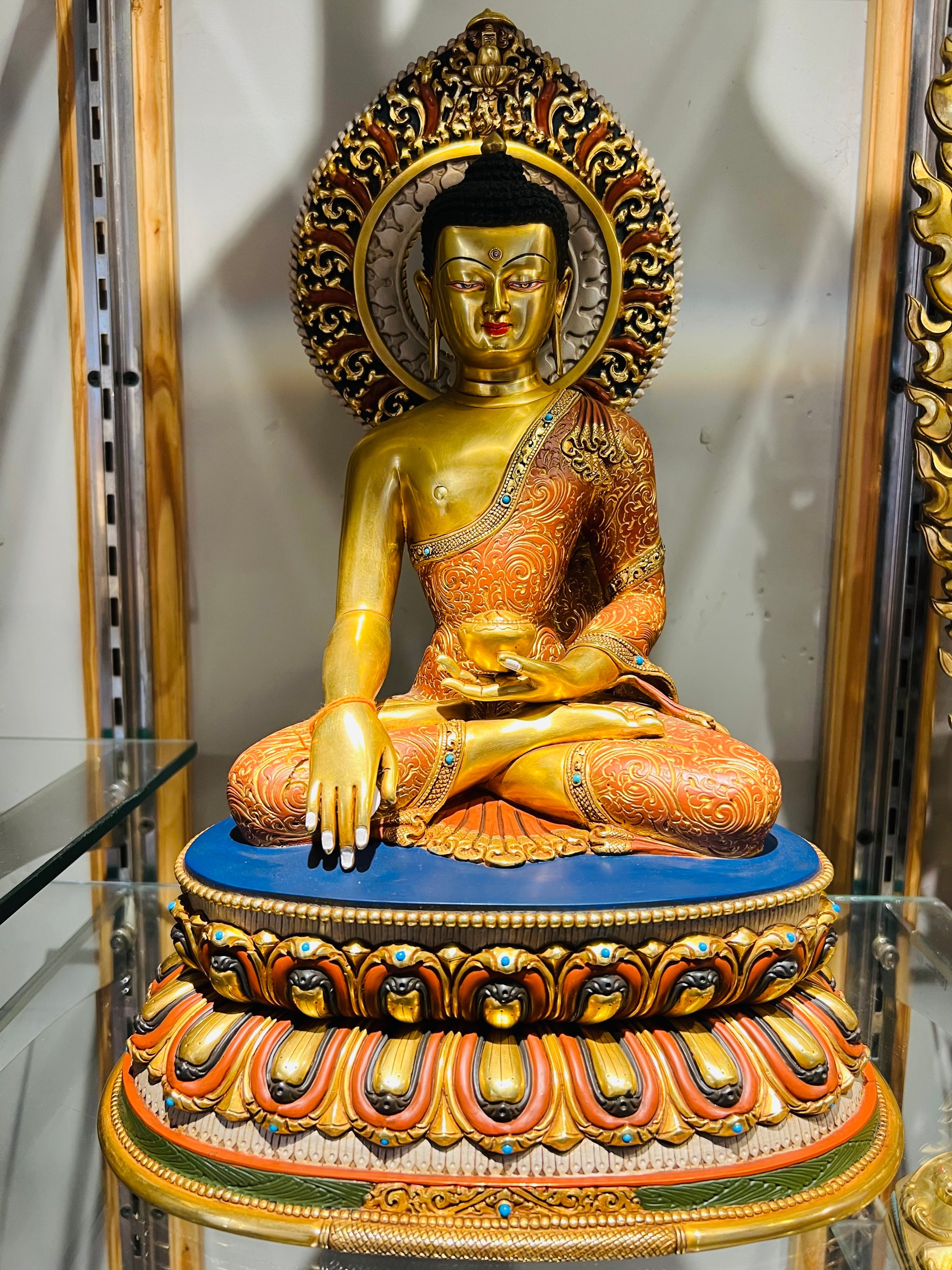 Shakyamuni Buddha Statue 38cm / 15" Hand-Carved Copper Gilded & Painted with Mandorla – Historical Buddha Museum-Quality Collection Nepal | Bo Tree Arts