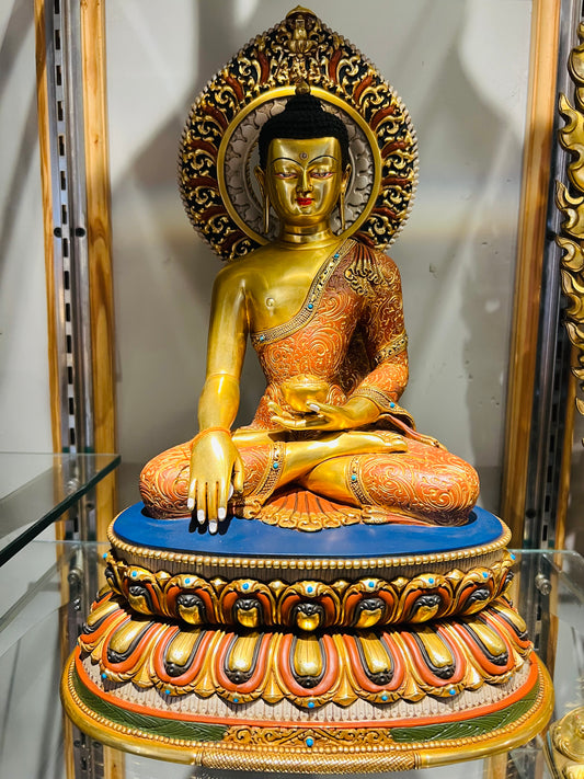 Shakyamuni Buddha Statue 38cm / 15" Hand-Carved Copper Gilded & Painted with Mandorla – Historical Buddha Museum-Quality Collection Nepal | Bo Tree Arts
