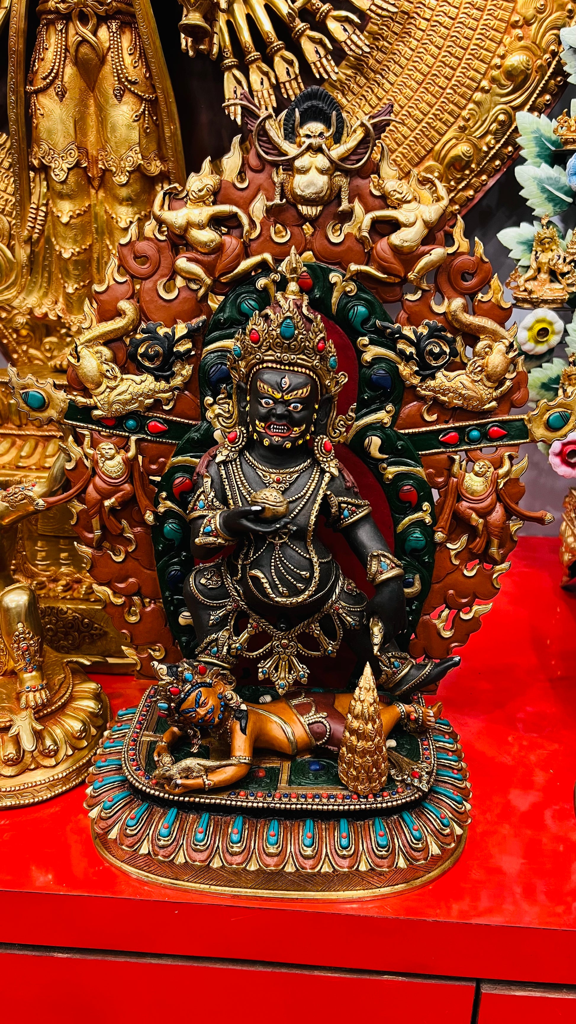 Black Jambhala Buddha Statue 40cm / 15.7" Hand-Carved Copper Gilded with Gemstone Inlay – Dzambhala Heritage Collection Nepal | Bo Tree Arts