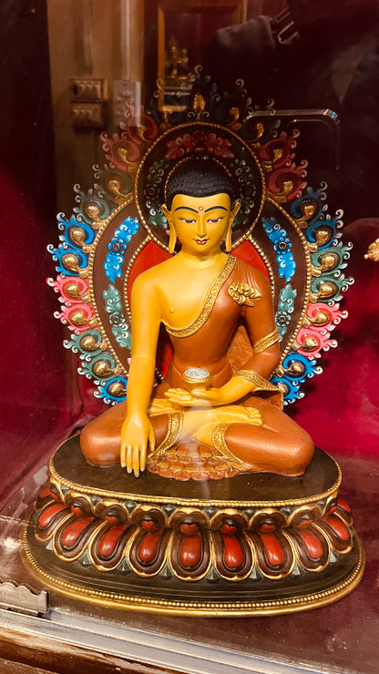 36cm Shakyamuni Buddha Statue Hand-Carved Copper Painted with Mandorla – Tibetan Style Enlightened Figure Masterwork Nepal