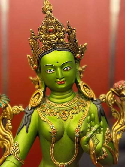 46cm Green Tara Statue Hand-Carved Copper Painted with Gemstone Inlay – Tibetan Buddhist Deity Masterwork Nepal