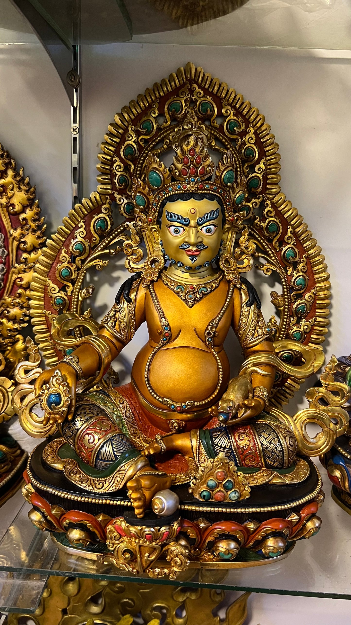 Yellow Jambhala Statue 33cm Hand-Carved Copper with Gemstone Inlay & Mandorla – Wealth Deity Masterwork Himalayan Art Nepal – Handmade Tibetan Buddhist Statue, Lost-Wax Cast Himalayan Art from Nepal
