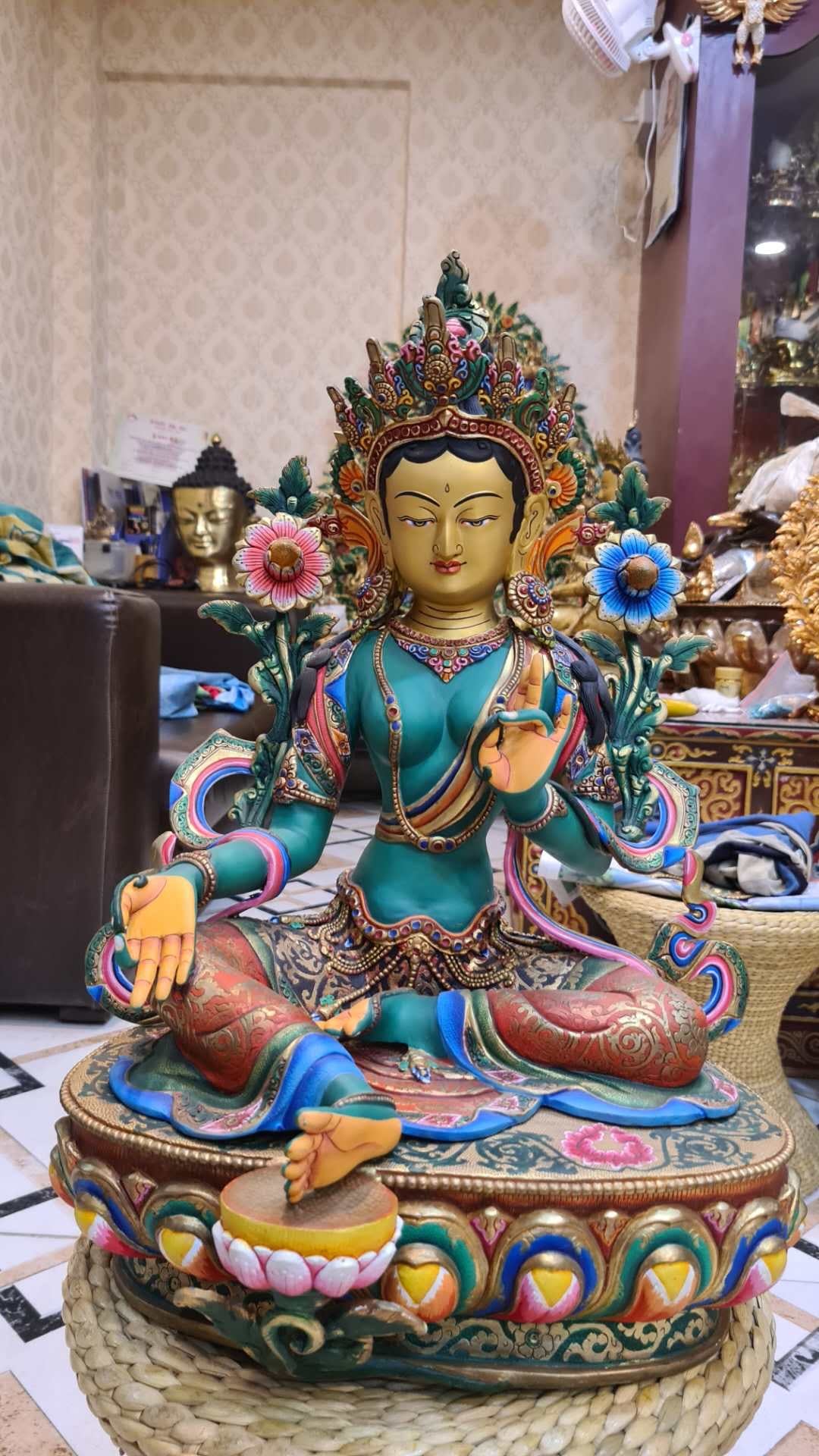 48cm Green Tara Statue Hand-Carved Copper Gilded & Painted – Serene Expression Tibetan Style Bodhisattva Masterwork Nepal – Handmade Tibetan Buddhist Statue, Lost-Wax Cast Himalayan Art from Nepal
