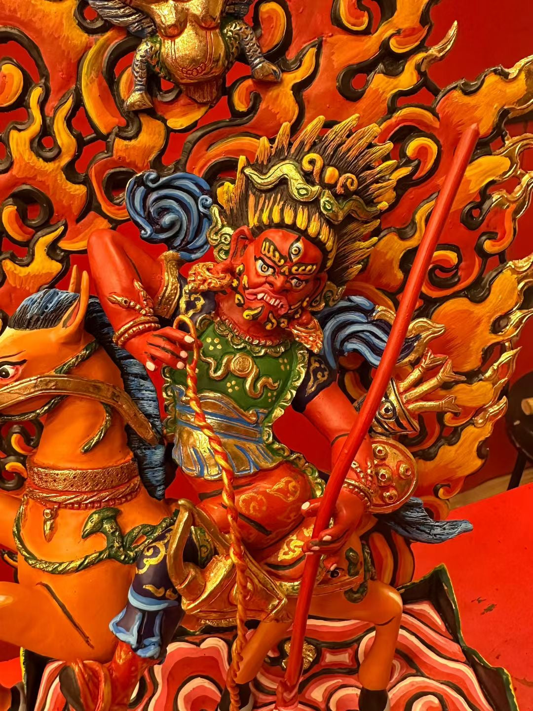 Tsamen Buddha Statue 33cm / 13" Hand-Carved Copper Painted – Red Protector on Horseback Masterwork Handmade in Nepal – Handmade Tibetan Buddhist Statue, Lost-Wax Cast Himalayan Art from Nepal