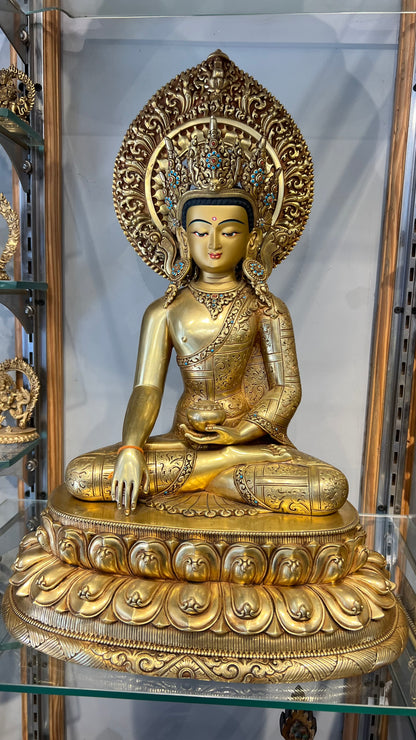 Shakyamuni Buddha Statue 40cm / 15.7" Hand-Carved Copper Gilded with Mandorla – Historical Buddha Botree Arts Himalayan Art