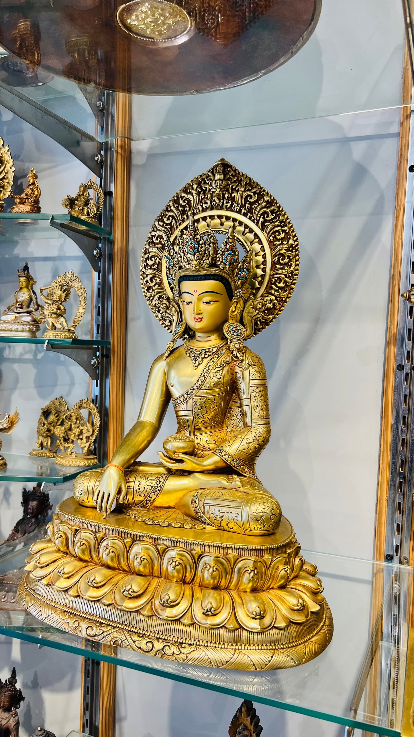 Shakyamuni Buddha Statue 40cm / 15.7" Hand-Carved Copper Gilded with Mandorla – Historical Buddha Botree Arts Himalayan Art – Handmade Tibetan Buddhist Statue, Lost-Wax Cast Himalayan Art from Nepal