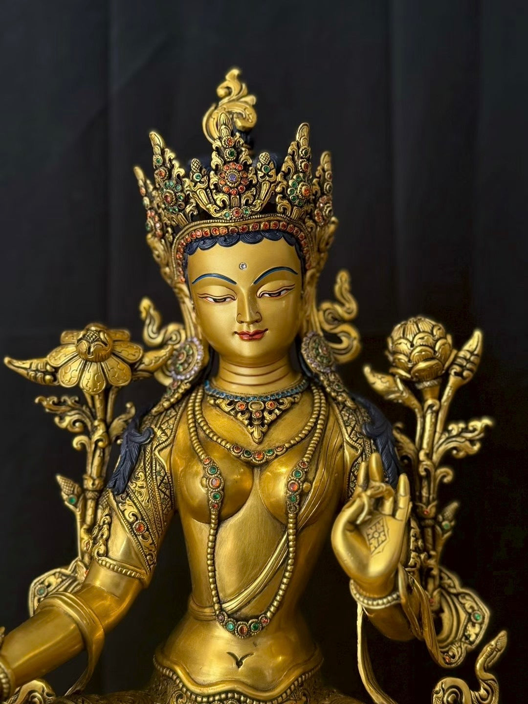 Green Tara (Mother of Liberation) Buddha Statue 36cm / 14.2" Hand-Carved Copper Gilded Painted with Gemstone Inlay – Masterwork by PaTam Himalayan Art Nepal | Bo Tree Arts