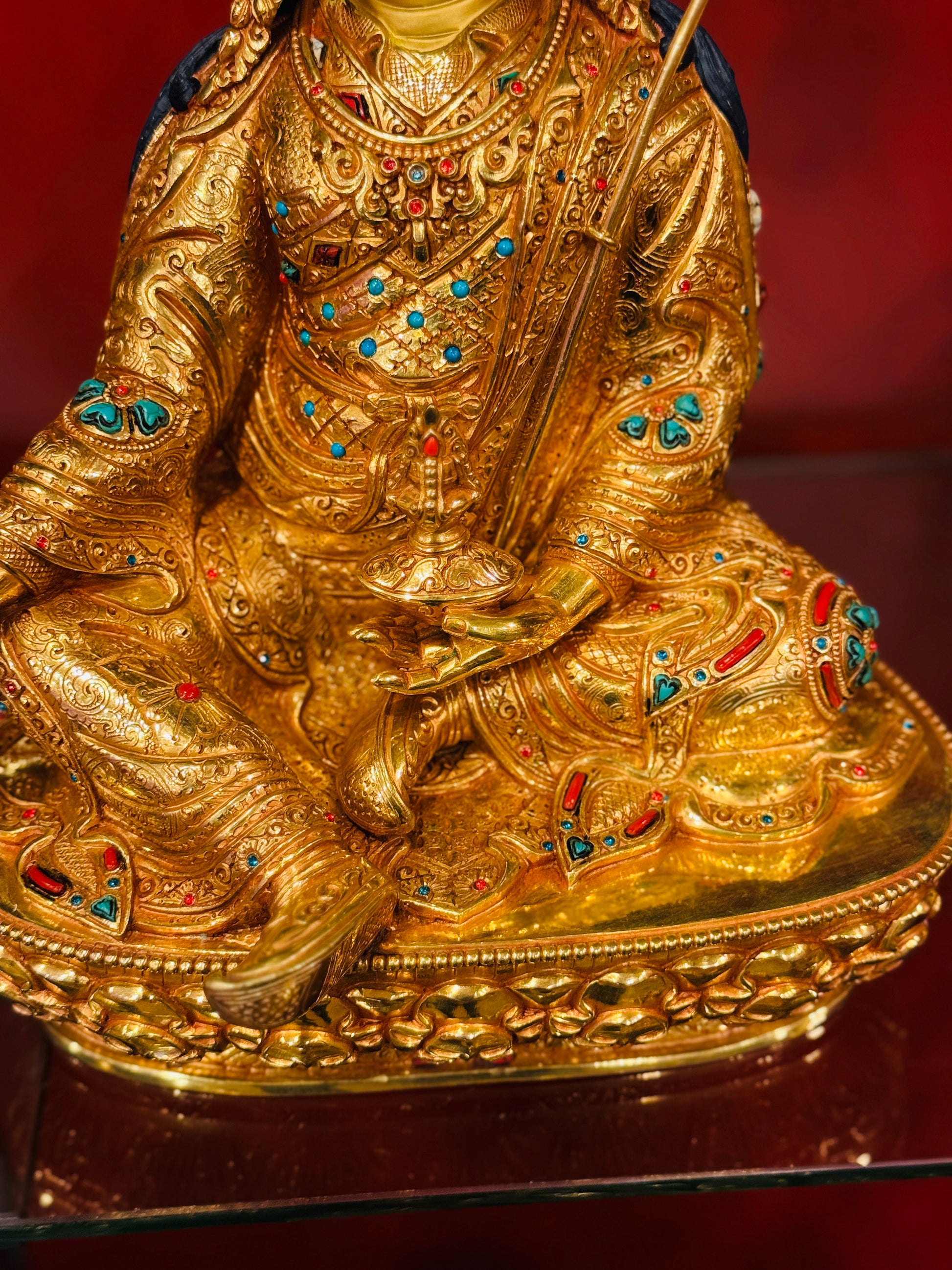 Guru Rinpoche Buddha Statue 33cm / 13" Hand-Carved Copper Gilded with Gemstone Inlay – from Nepal | Bo Tree Arts