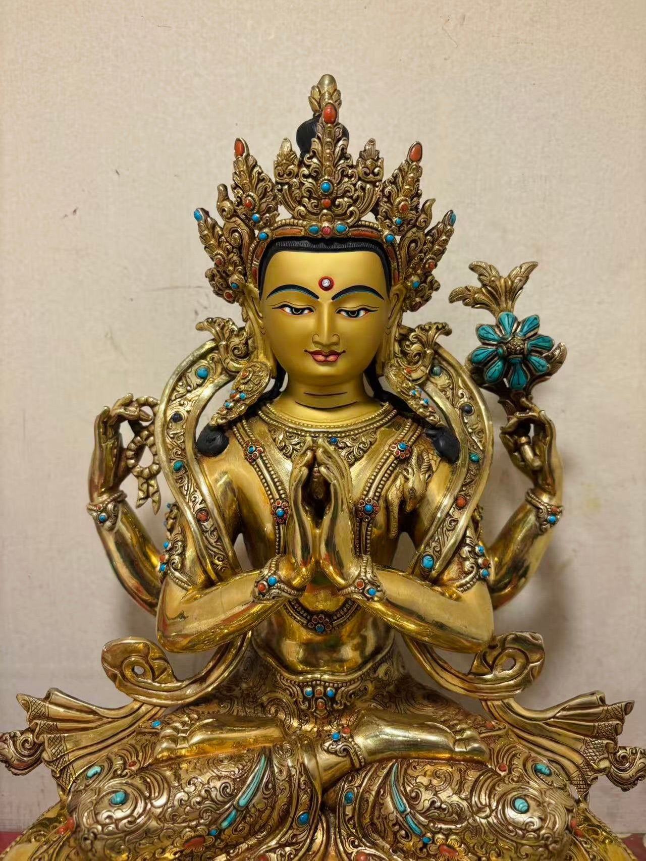 Chenrezig Buddha Statue 40cm / 15.7" Hand-Carved Copper Gilded – Four-Armed Avalokiteshvara Manjushri Handmade in Nepal – Handmade Tibetan Buddhist Statue, Lost-Wax Cast Himalayan Art from Nepal
