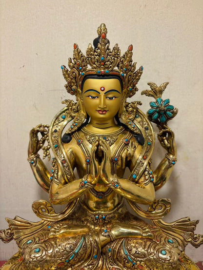 Chenrezig Buddha Statue 40cm / 15.7" Hand-Carved Copper Gilded – Four-Armed Avalokiteshvara Manjushri Handmade in Nepal