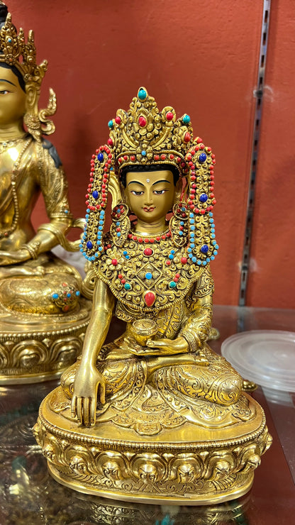 21cm Gilded Maitreya Buddha Statue – Handmade Tibetan Brass Sculpture with Crown, Himalayan Art from Nepal