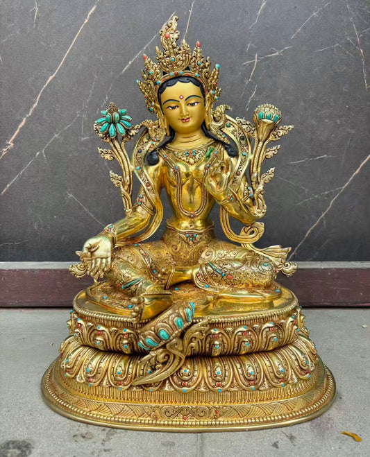 Green Tara Buddha Statue 40cm / 15.7" Hand-Carved Copper Gilded – Syamatara Mother of Liberation Handmade in Nepal | Bo Tree Arts