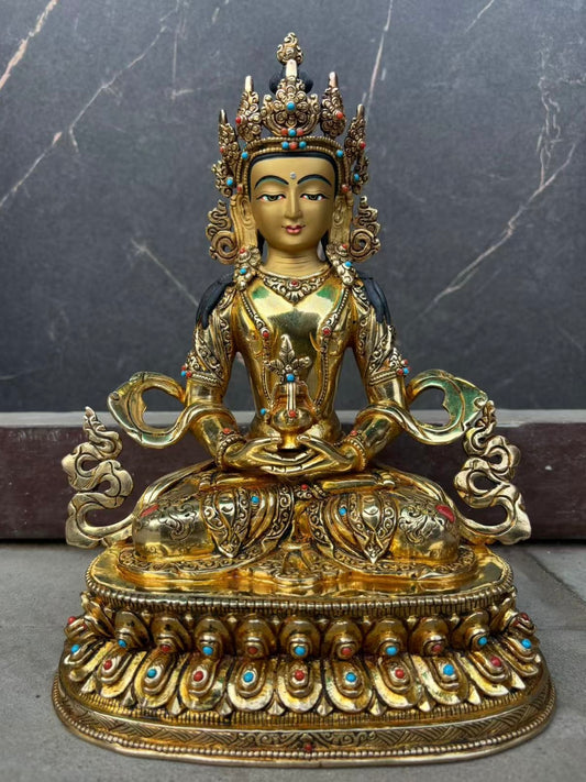 Amitayus (Buddha of Infinite Life) Statue 23cm / 9" Hand-Carved Copper Gilded Himalayan Art Nepal | Bo Tree Arts