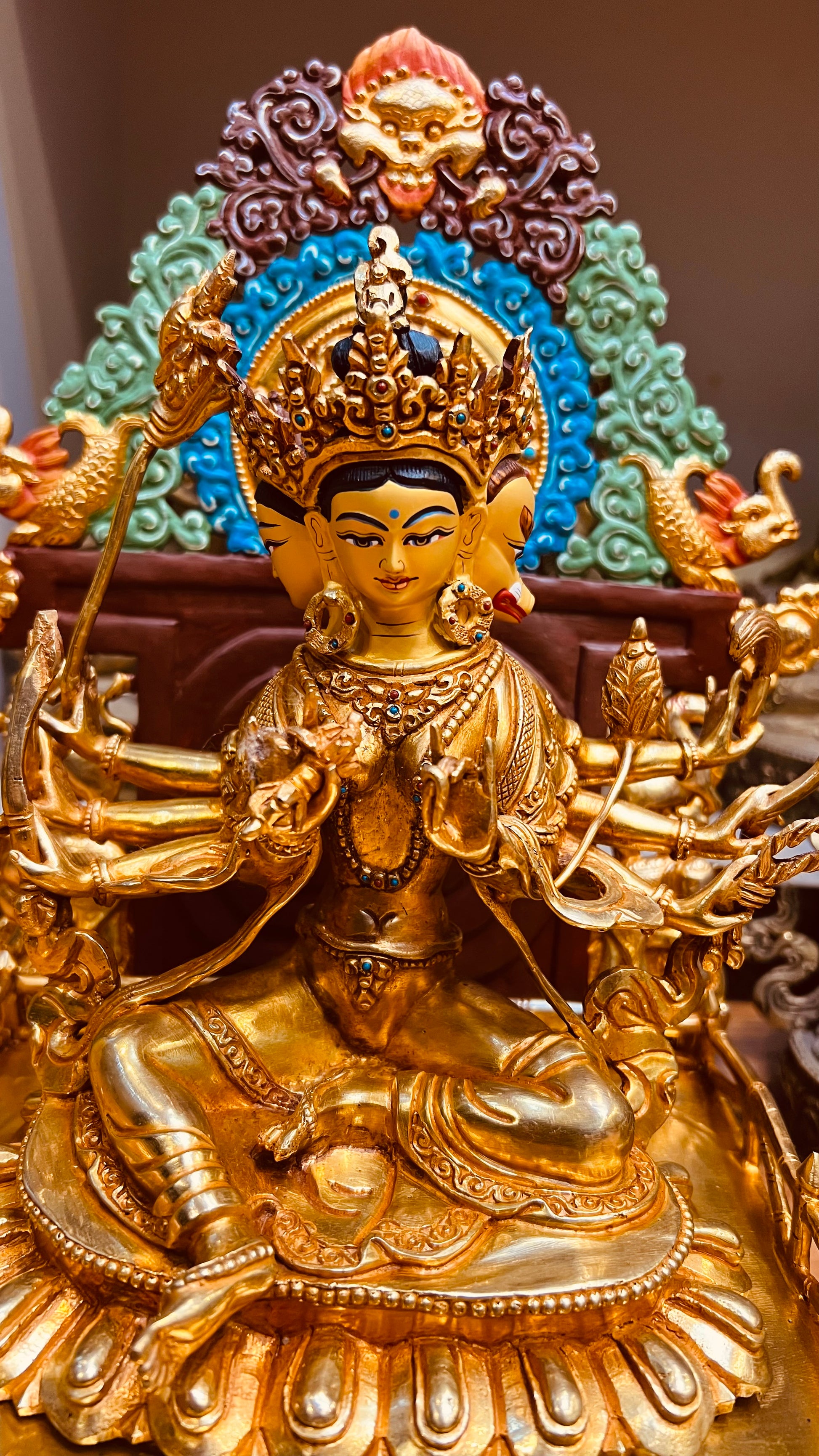 Marichi Buddha Statue 33cm / 13" Hand-Carved Copper Gilded with Mandorla – Light Goddess with Chariot Masterwork Sculpture | Bo Tree Arts