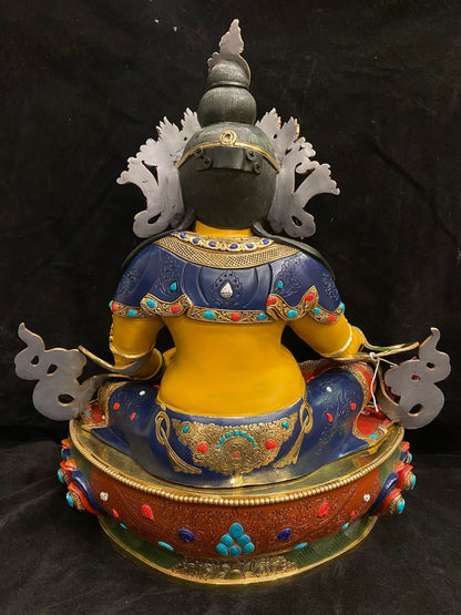 Yellow Jambhala (Wealth Deity) Buddha Statue 55cm / 21.7" Hand-Carved Copper Gilded Painted with Mandorla – Unique Himalayan Art Nepal