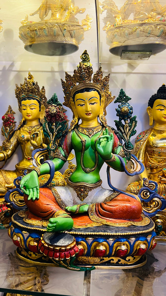Green Tara Buddha Statue 33cm / 13" Hand-Carved Copper Painted – Syamatara Fine Craftsmanship Nepal | Bo Tree Arts