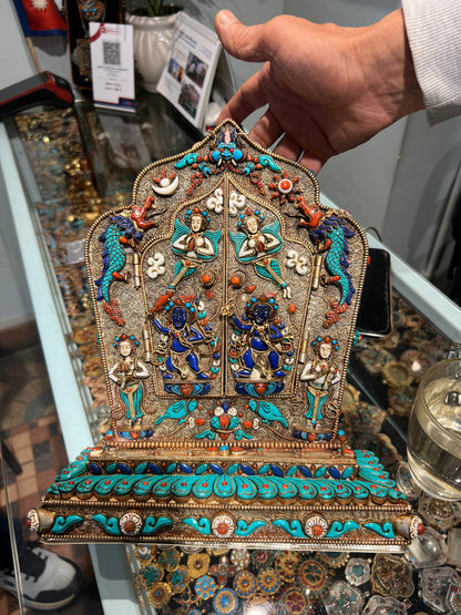 Gau Shrine 29.5cm / 11.6” x 25cm / 9.8” x 10cm / 3.9” Handcrafted with Turquoise & Lapis Lazuli – Portable Ritual Shrine Botree Arts Collection