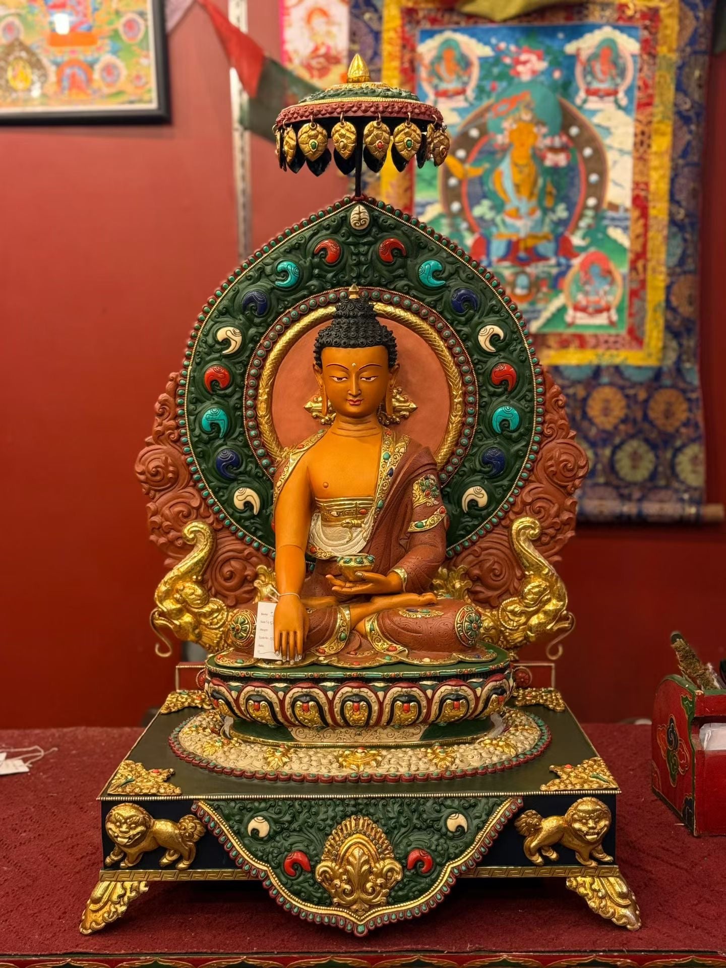 80cm Gilded Copper Painted Shakyamuni Buddha Statue with Vajrasana Throne – 46cm Figure, Tibetan Style Masterwork Himalayan Art Nepal | Bo Tree Arts