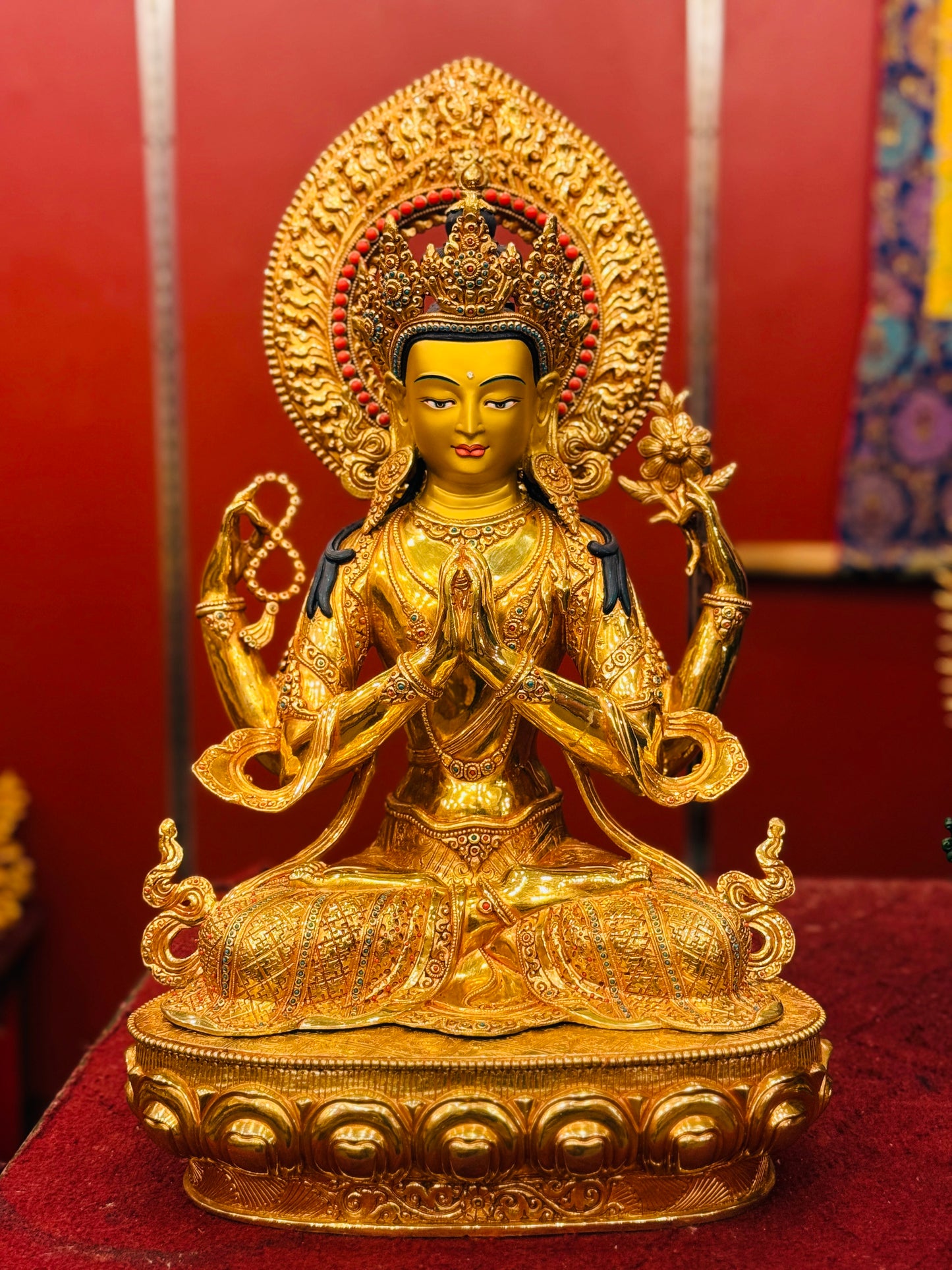 Chenrezig Buddha Statue 50cm / 19.7" Hand-Carved Copper Gilded with Gemstone Inlay – Four-Armed Avalokiteshvara Botree Arts Nepal – Handmade Tibetan Buddhist Statue, Lost-Wax Cast Himalayan Art from Nepal