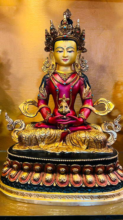 Amitayus Buddha Statue 33cm / 13" Hand-Carved Copper Painted – Ancient Technique Masterwork Himalayan Art Nepal