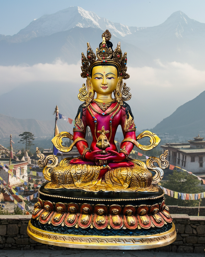 Amitayus Buddha Statue 33cm / 13" Hand-Carved Copper Painted – Ancient Technique Masterwork Himalayan Art Nepal | Bo Tree Arts