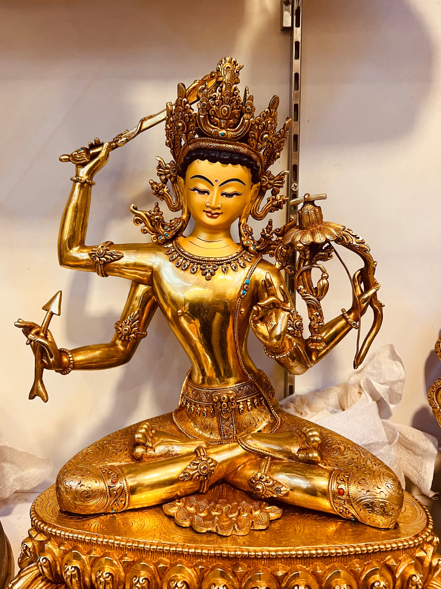 Four-Armed Manjushri Buddha Statue 38cm / 15" Hand-Carved Copper Gilded – Chaturbhuja Jampelyang Collector's Masterwork – Handmade Tibetan Buddhist Statue, Lost-Wax Cast Himalayan Art from Nepal
