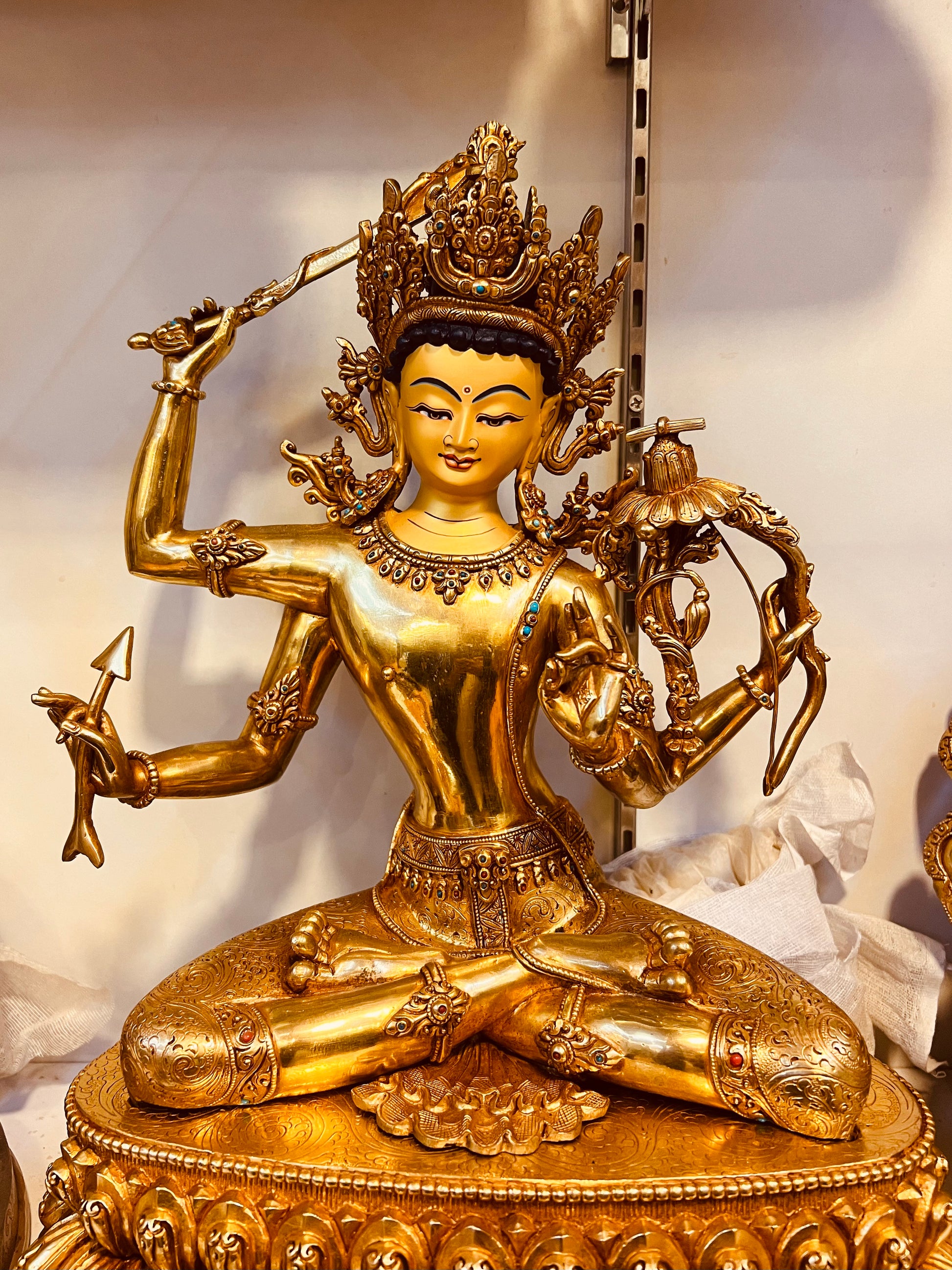 Four-Armed Manjushri Buddha Statue 38cm / 15" Hand-Carved Copper Gilded – Chaturbhuja Jampelyang Collector's Masterwork | Bo Tree Arts
