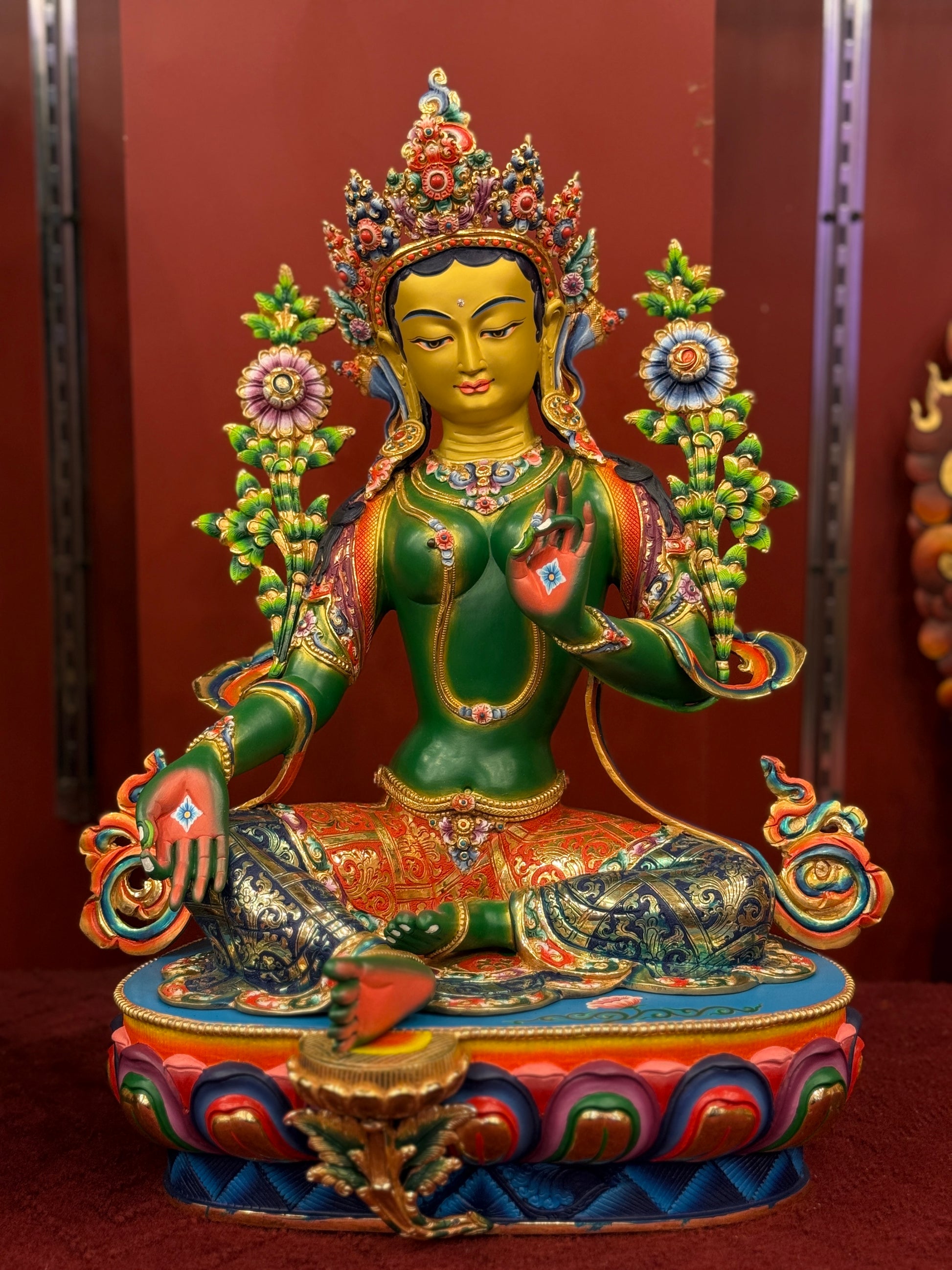 50cm Green Tara Statue Hand-Carved Copper Gilded & Painted – Serene Expression Masterwork with Unique Craftsmanship, Tibetan Style Bodhisattva Nepal | Bo Tree Arts