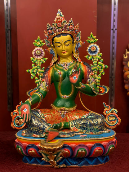 50cm Green Tara Statue Hand-Carved Copper Gilded & Painted – Serene Expression Masterwork with Unique Craftsmanship, Tibetan Style Bodhisattva Nepal