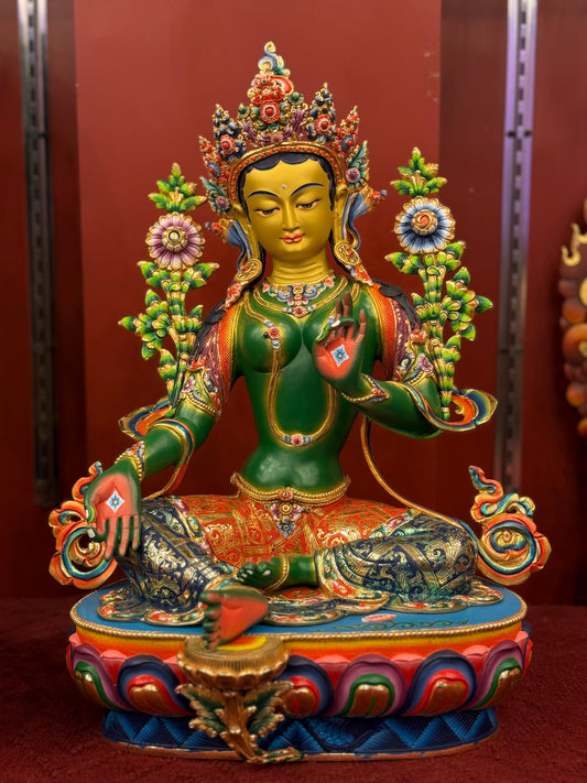 50cm Green Tara Statue Hand-Carved Copper Gilded & Painted – Serene Expression Masterwork with Unique Craftsmanship, Tibetan Style Bodhisattva Nepal | Bo Tree Arts